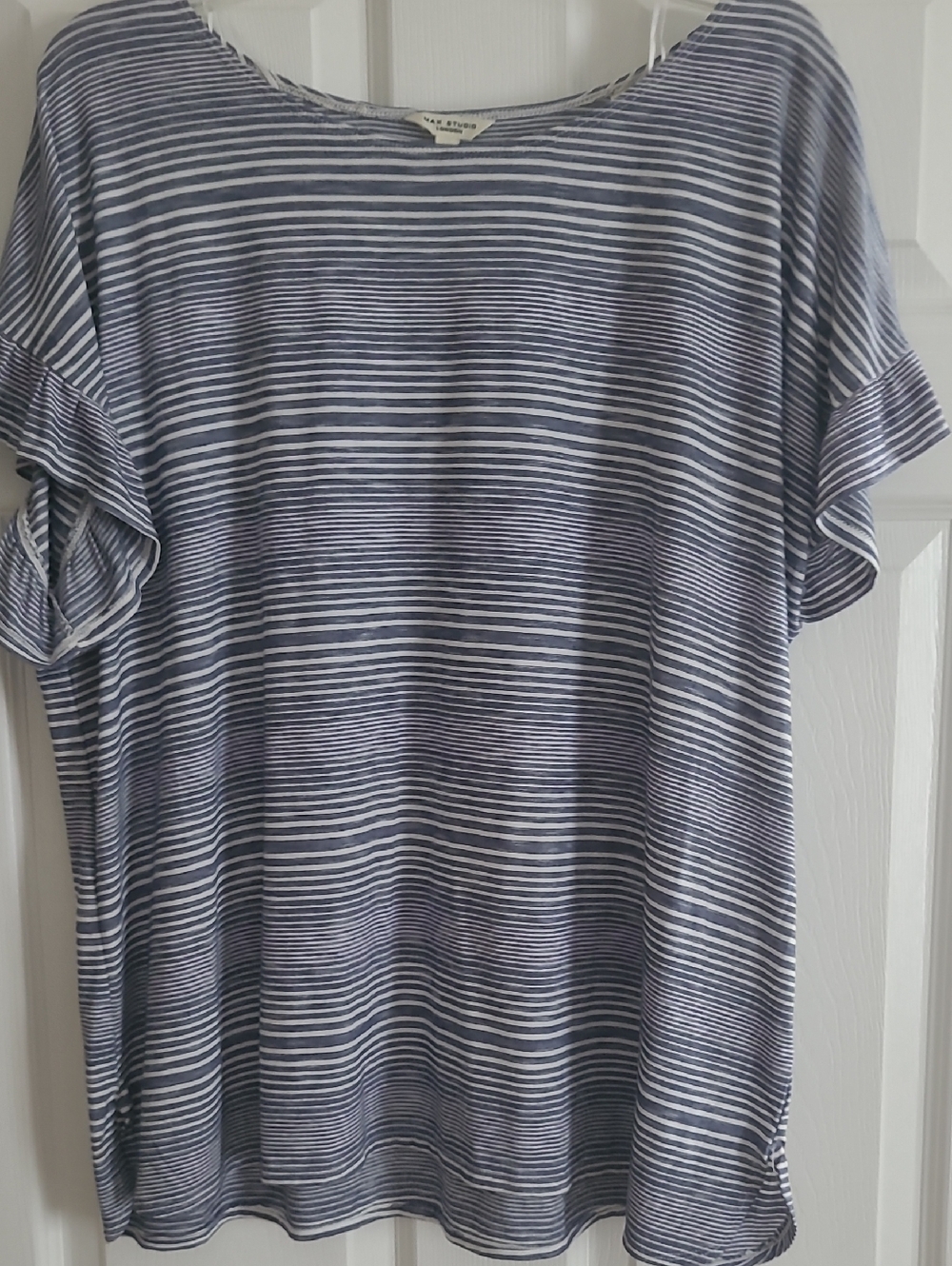 Max Studio Navy and White Striped Short Sleeve Tee